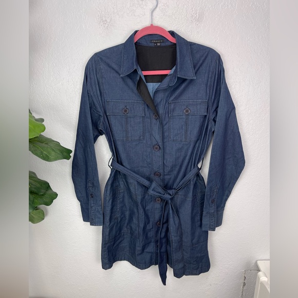 Theory Julissa Shirt Dress Dark Wash Denim Long Sleeves Pckets Belted Size 12 - Picture 2 of 8